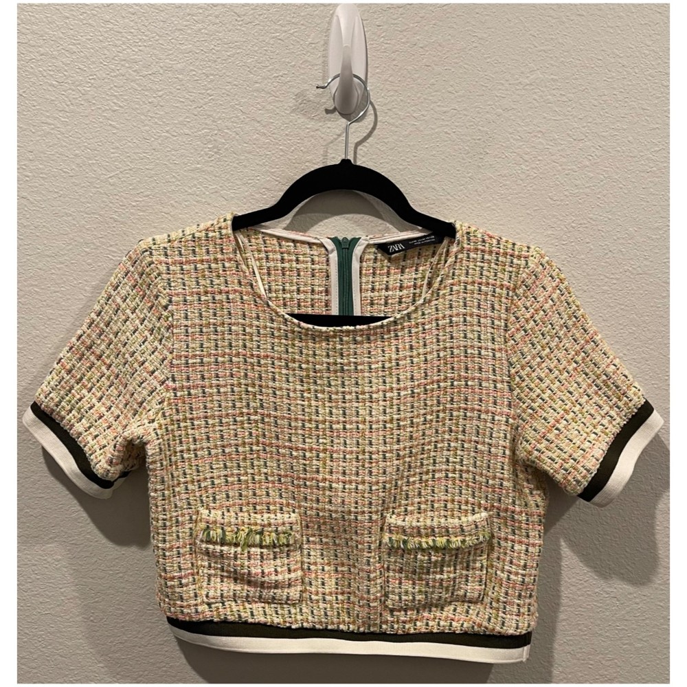 ZARA Multicolor Tweed Short Sleeve Round Neck Crop Top - Picture 2 of 4